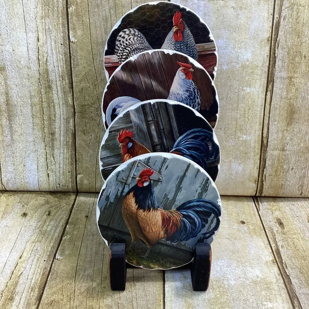 Vintage Rooster Chicken Ceramic Coasters Set of 4 with Holder Farmhouse Decor